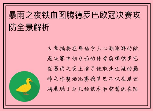 暴雨之夜铁血图腾德罗巴欧冠决赛攻防全景解析