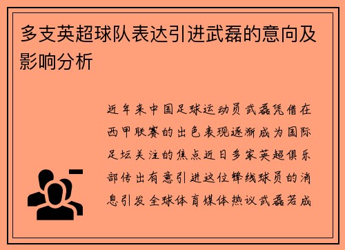 多支英超球队表达引进武磊的意向及影响分析