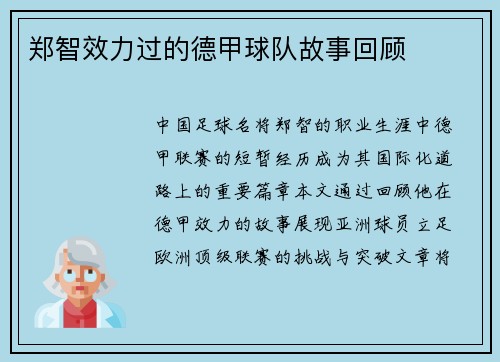 郑智效力过的德甲球队故事回顾